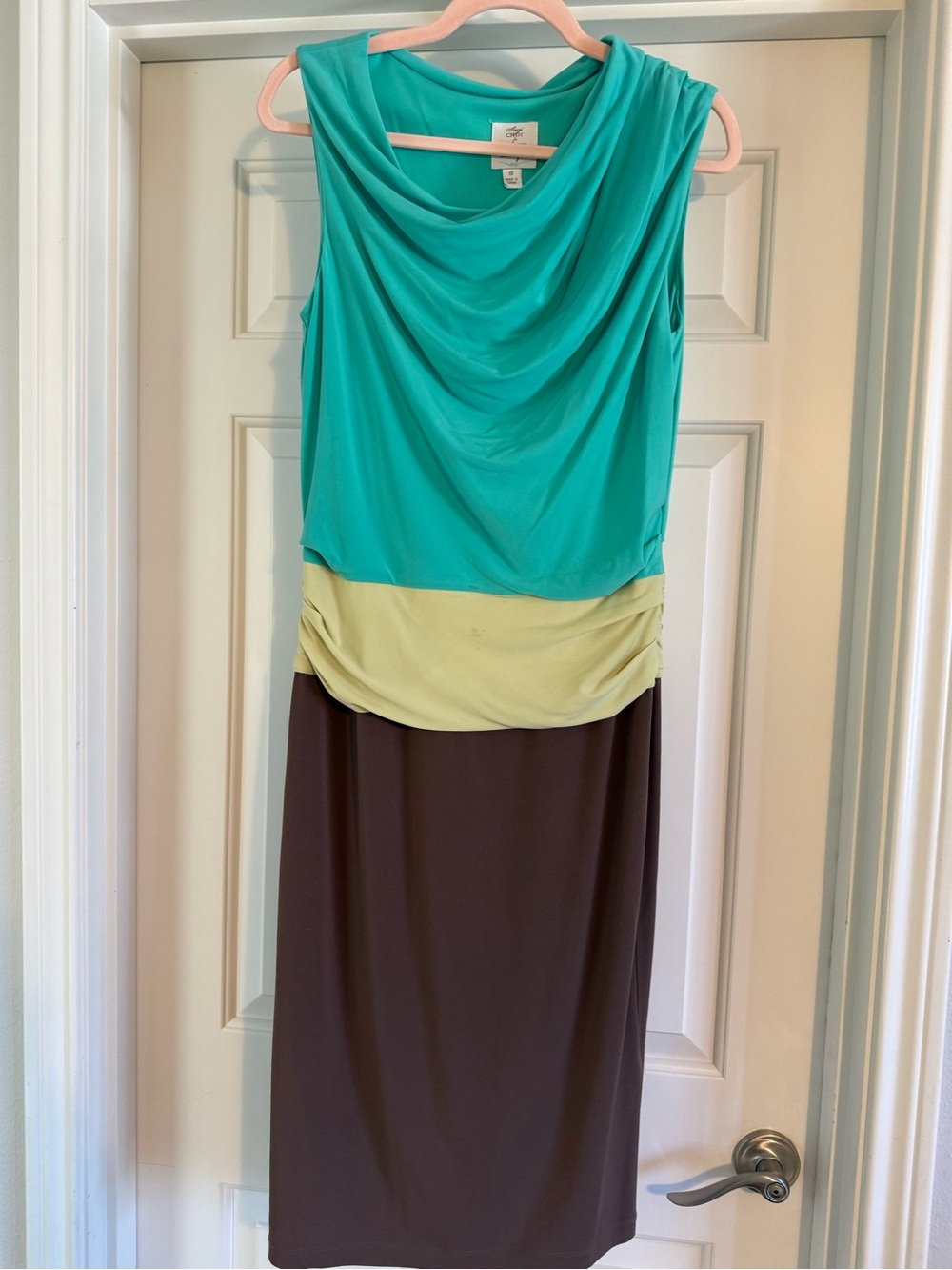 Suzi Chin Sleeveless Colorblock Draped Neck Dress in Teal, Lime & Brown